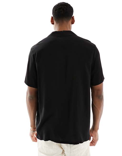 DESIGN Loose Fit Viscose Shirt With Deep Revere Collar In Black