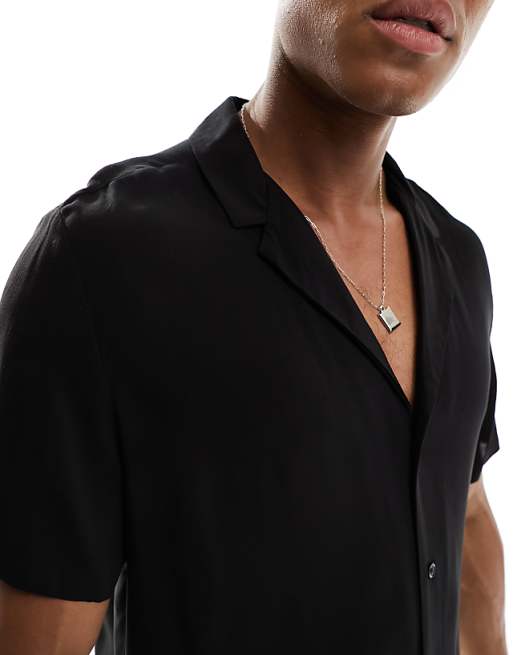 DESIGN Loose Fit Viscose Shirt With Deep Revere Collar In Black