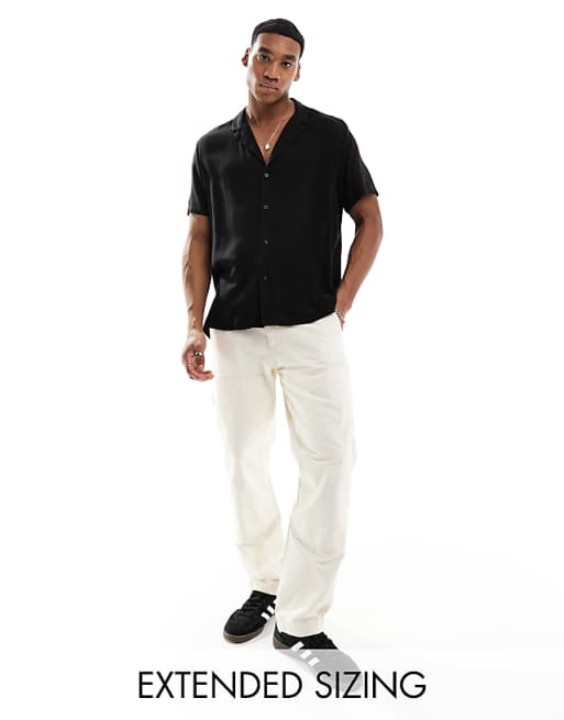DESIGN loose fit viscose shirt with deep revere collar in black