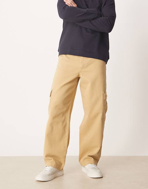 DESIGN Loose Straight Cargo Trousers In Beige
