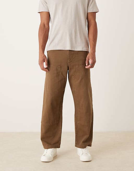 DESIGN loose straight carpenter trousers in brown
