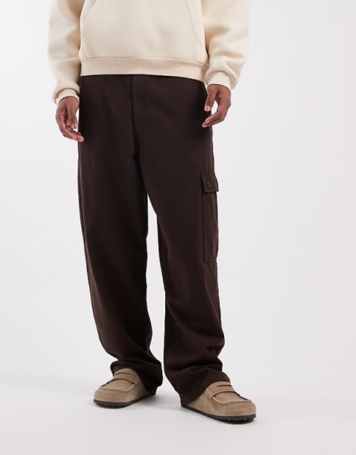 DESIGN loose straight fit cargo trousers in brown