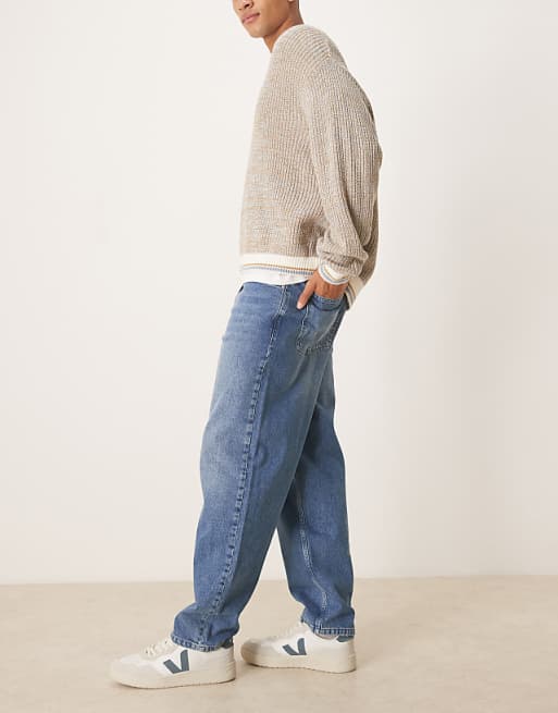 DESIGN Loose Straight Fit Jeans In Midwash Blue With Raw Hem Styling