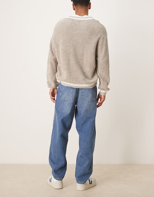 DESIGN Loose Straight Fit Jeans In Midwash Blue With Raw Hem Styling