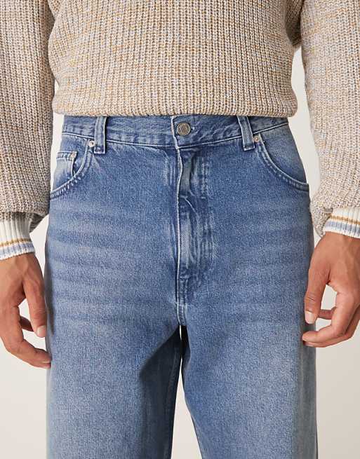 DESIGN Loose Straight Fit Jeans In Midwash Blue With Raw Hem Styling