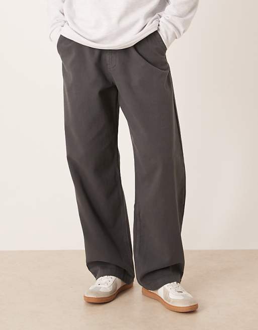 DESIGN Loose Straight Fit Twill Chino In Grey With Vintage Wash