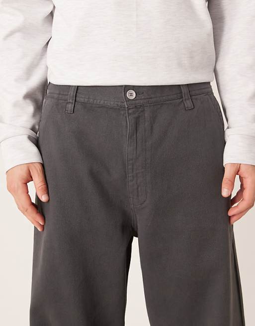 DESIGN Loose Straight Fit Twill Chino In Grey With Vintage Wash