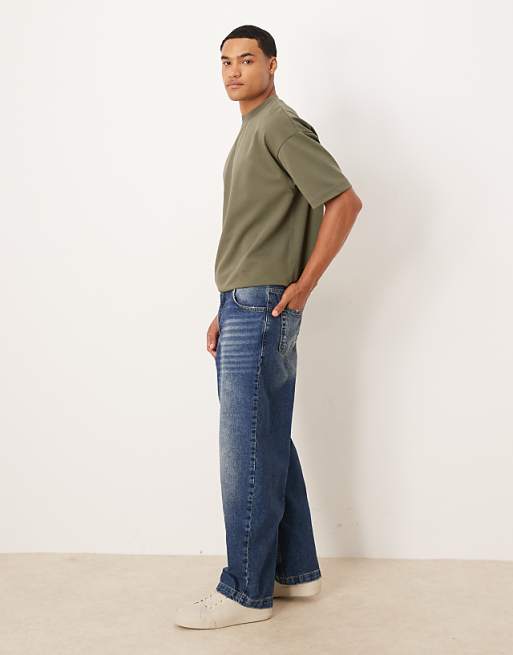 DESIGN Loose Straight Jeans In Mid Wash Blue