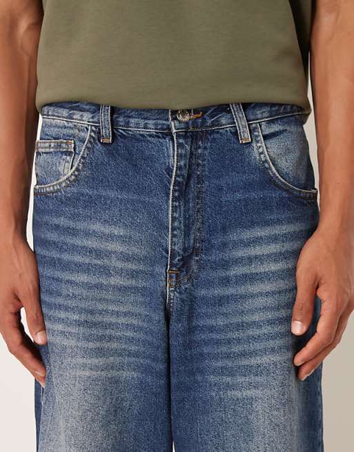 DESIGN Loose Straight Jeans In Mid Wash Blue