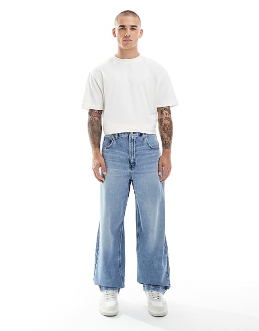 DESIGN Loose Straight Jeans In Midwash Blue