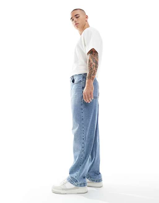 DESIGN Loose Straight Jeans In Midwash Blue