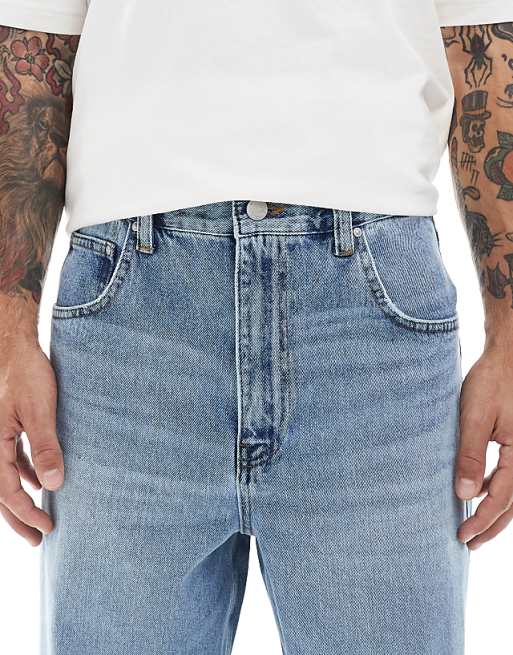 DESIGN Loose Straight Jeans In Midwash Blue