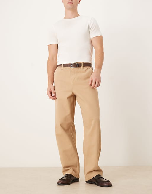 DESIGN Loose Straight Trousers In Beige