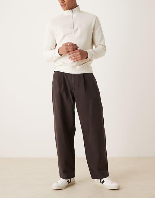 DESIGN Loose Straight Trousers In Brown With Double Pleats