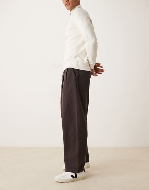 DESIGN Loose Straight Trousers In Brown With Double Pleats