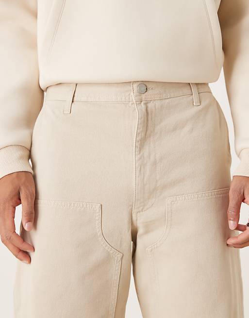 DESIGN Loose Straight Trousers In Stone With Carpenter Detailing
