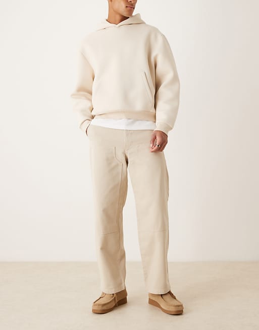 DESIGN loose straight trousers in stone with carpenter detailing