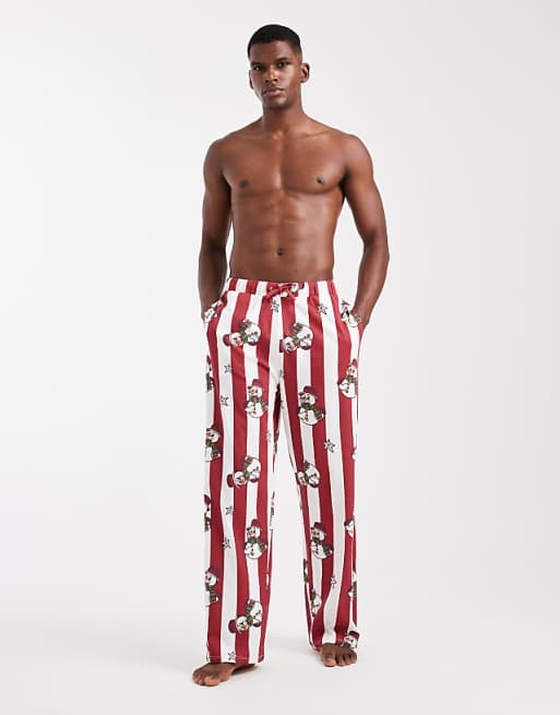 DESIGN lounge bottoms Christmas stripe snowman graphic in red