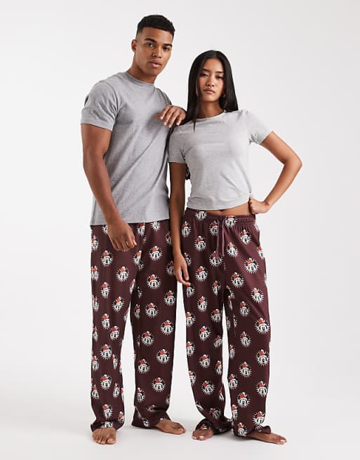 DESIGN lounge bottoms with Disney's Christmas Mickey Mouse graphic in burgundy