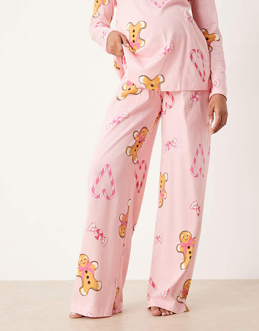 DESIGN Maternity Gingerbread & Candy Cane Long Sleeve Top & Trouser Pyjama Set In Pink Marl