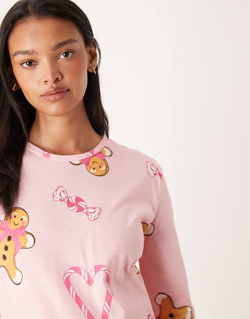 DESIGN Maternity Gingerbread & Candy Cane Long Sleeve Top & Trouser Pyjama Set In Pink Marl