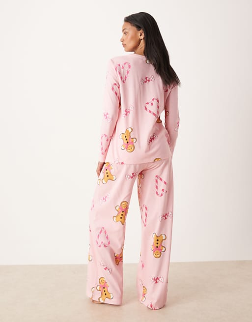 DESIGN Maternity Gingerbread & Candy Cane Long Sleeve Top & Trouser Pyjama Set In Pink Marl