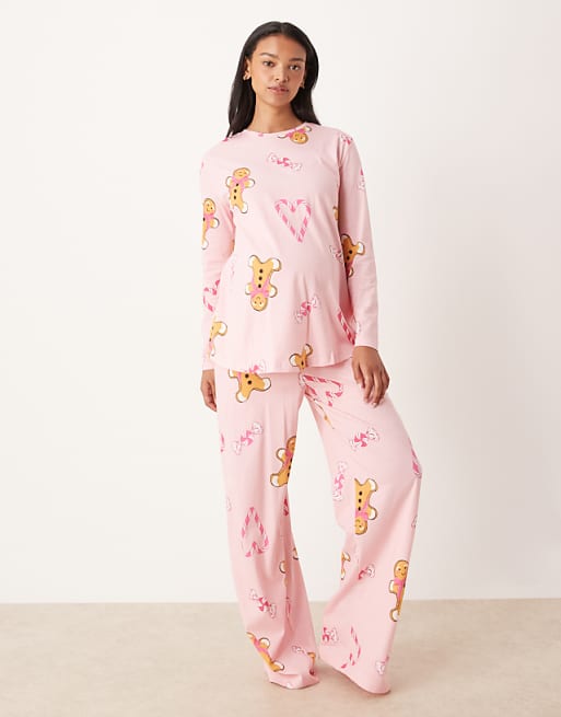 DESIGN Maternity gingerbread & candy cane long sleeve top & trouser pyjama set in pink marl