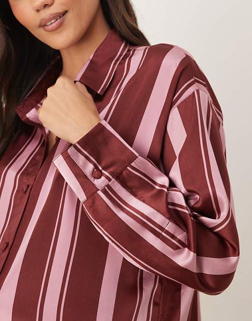 DESIGN Maternity Oversized Satin Stripe Shirt And Trouser Pyjama Set In Burgundy Stripe