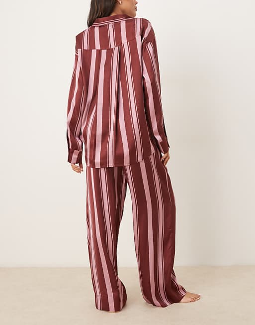 DESIGN Maternity Oversized Satin Stripe Shirt And Trouser Pyjama Set In Burgundy Stripe