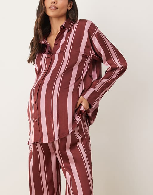 DESIGN Maternity Oversized Satin Stripe Shirt And Trouser Pyjama Set In Burgundy Stripe
