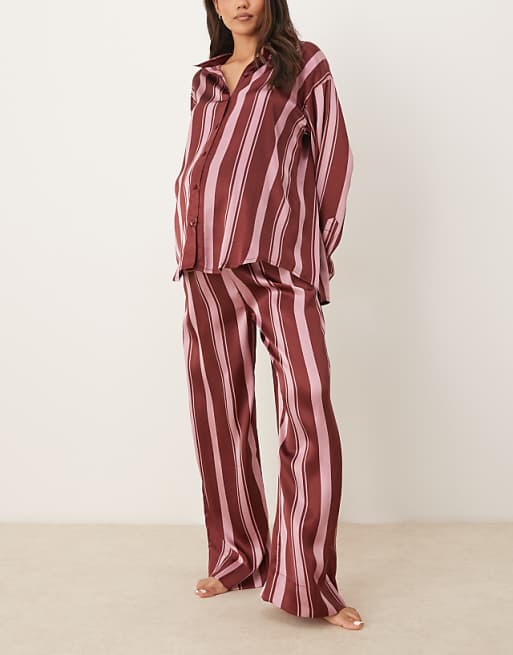 DESIGN Maternity oversized satin stripe shirt and trouser pyjama set in burgundy stripe