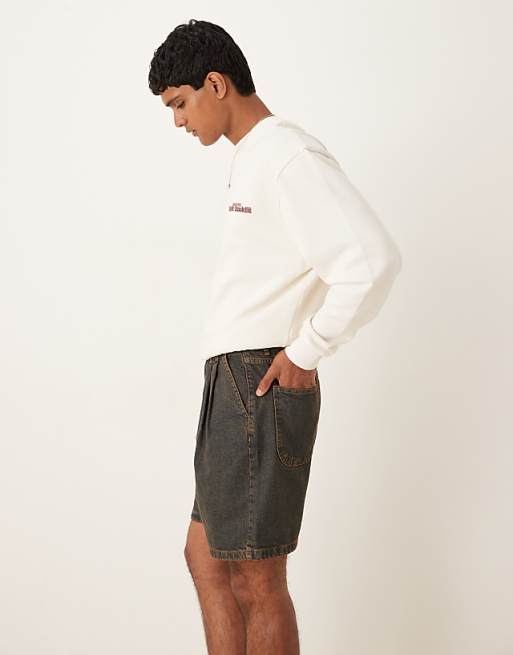 DESIGN Mid Length Denim Jort With Double Pleats In Brown
