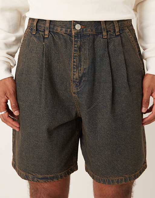 DESIGN Mid Length Denim Jort With Double Pleats In Brown