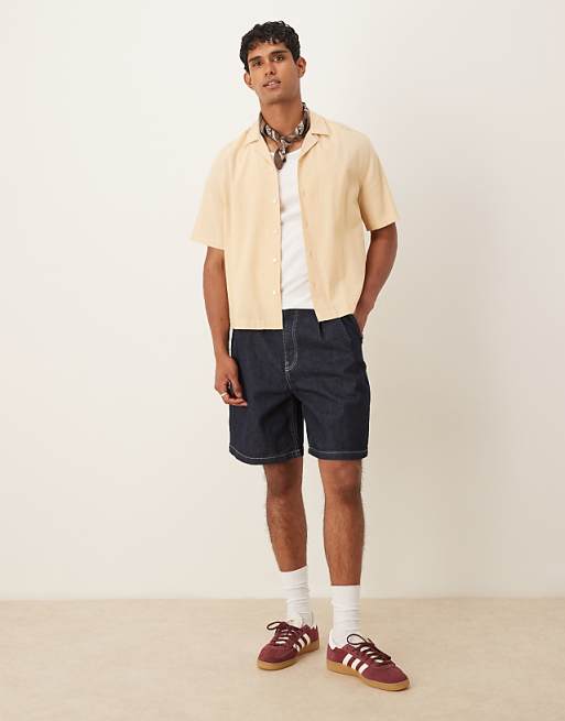 DESIGN Mid Length Denim Jort With Double Pleats In Raw Wash