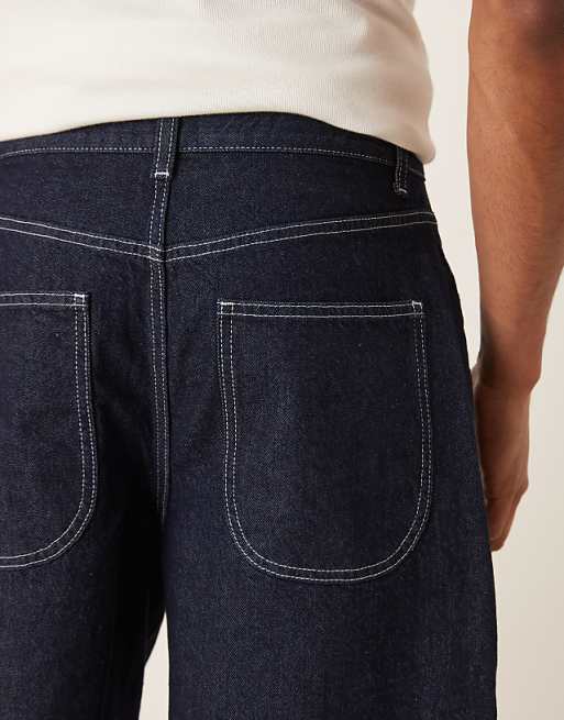DESIGN Mid Length Denim Jort With Double Pleats In Raw Wash