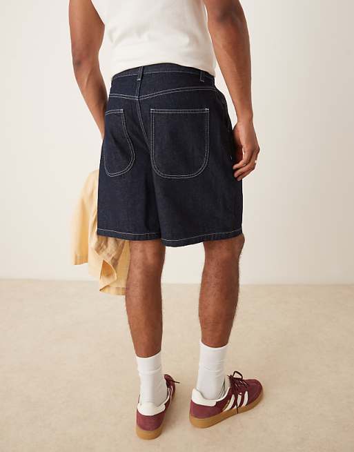 DESIGN Mid Length Denim Jort With Double Pleats In Raw Wash