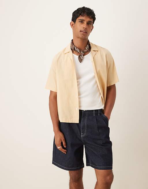 DESIGN mid length denim jort with double pleats in raw wash