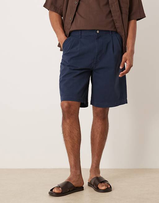 DESIGN Mid Length Double Pleated Short In Navy