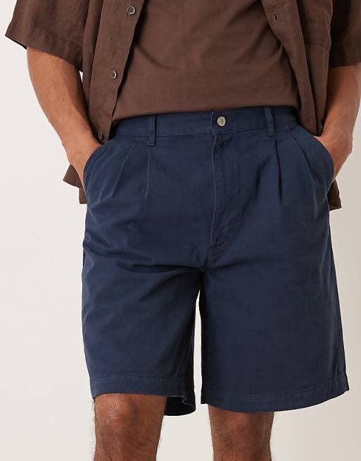 DESIGN Mid Length Double Pleated Short In Navy