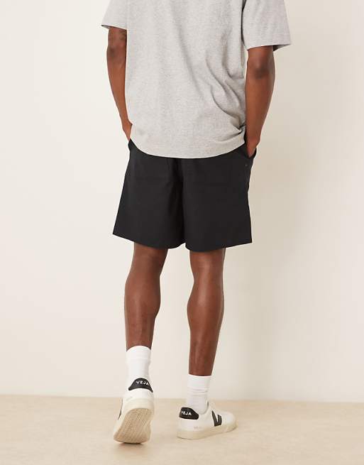 DESIGN Mid Length Pull On Linen Blend Short In Black