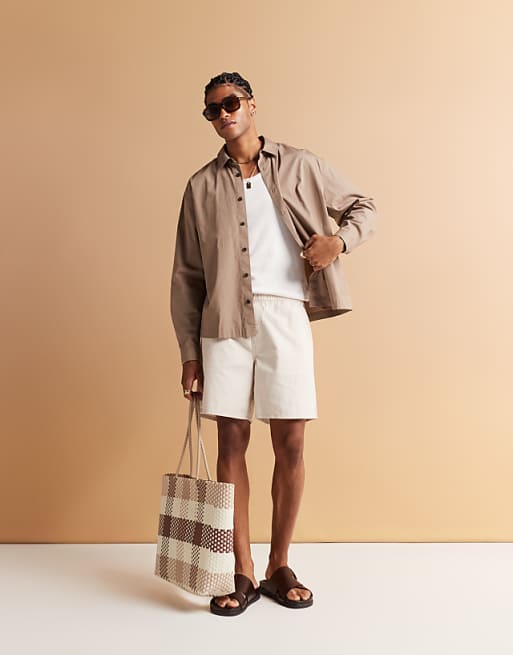 DESIGN mid length pull on linen blend short in stone