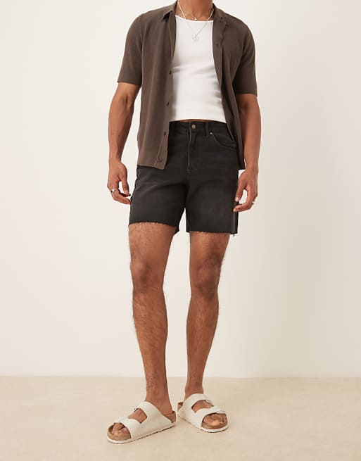DESIGN Mid Length Slim Denim Shorts In Black