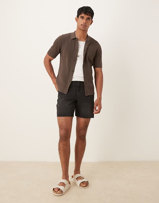 DESIGN mid length slim denim shorts in black