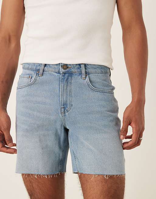 DESIGN Mid Length Slim Denim Shorts In Light Wash Blue