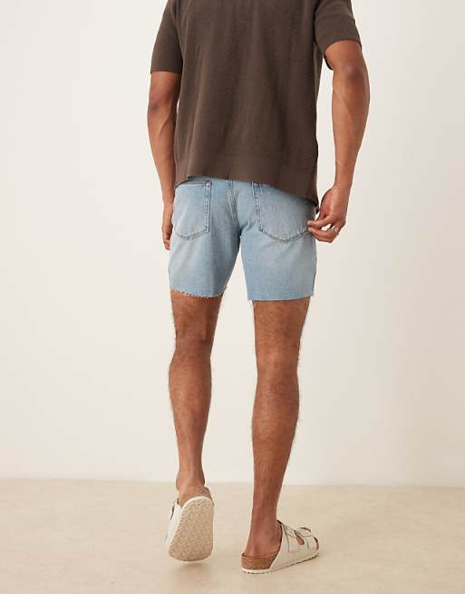 DESIGN Mid Length Slim Denim Shorts In Light Wash Blue
