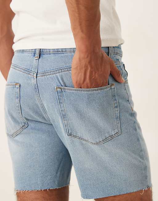 DESIGN Mid Length Slim Denim Shorts In Light Wash Blue