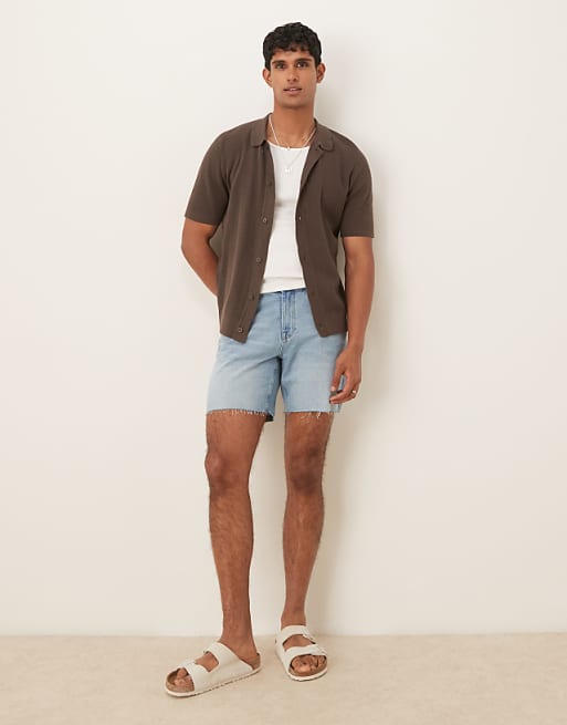 DESIGN mid length slim denim shorts in light wash blue