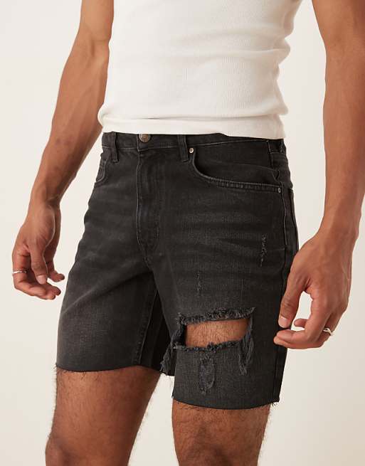 DESIGN Mid Length Slim Denim Shorts With Rips In Black