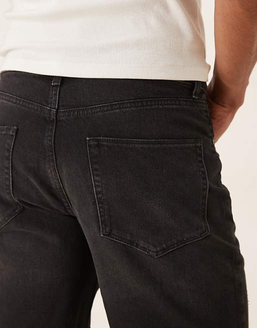 DESIGN Mid Length Slim Denim Shorts With Rips In Black