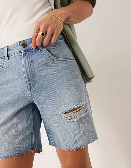 DESIGN Mid Length Slim Denim Shorts With Rips In Light Wash Blue